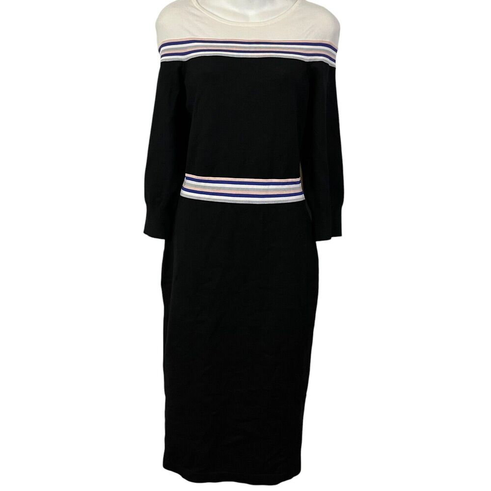 Karen Millen Womens Black Midi Thin Sweater Knitted Striped Sheath Dress sz L